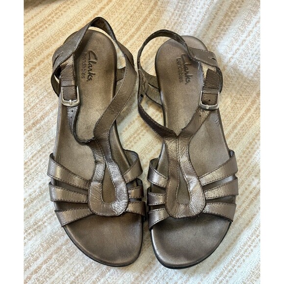 CLARKS Women Bendables Size 9 M Bronze Leather Sandals Buckle Closure - Picture 1 of 12